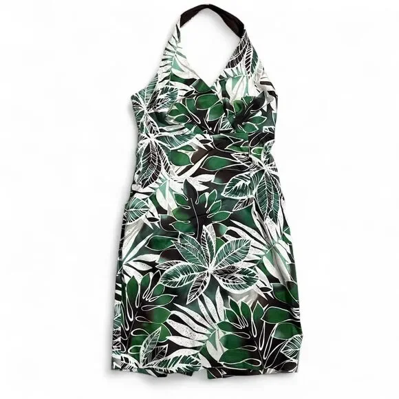 Tropical Leaf Halter Dress | Green White Black | Size 8P | Jones New York - Picture 2 of 7